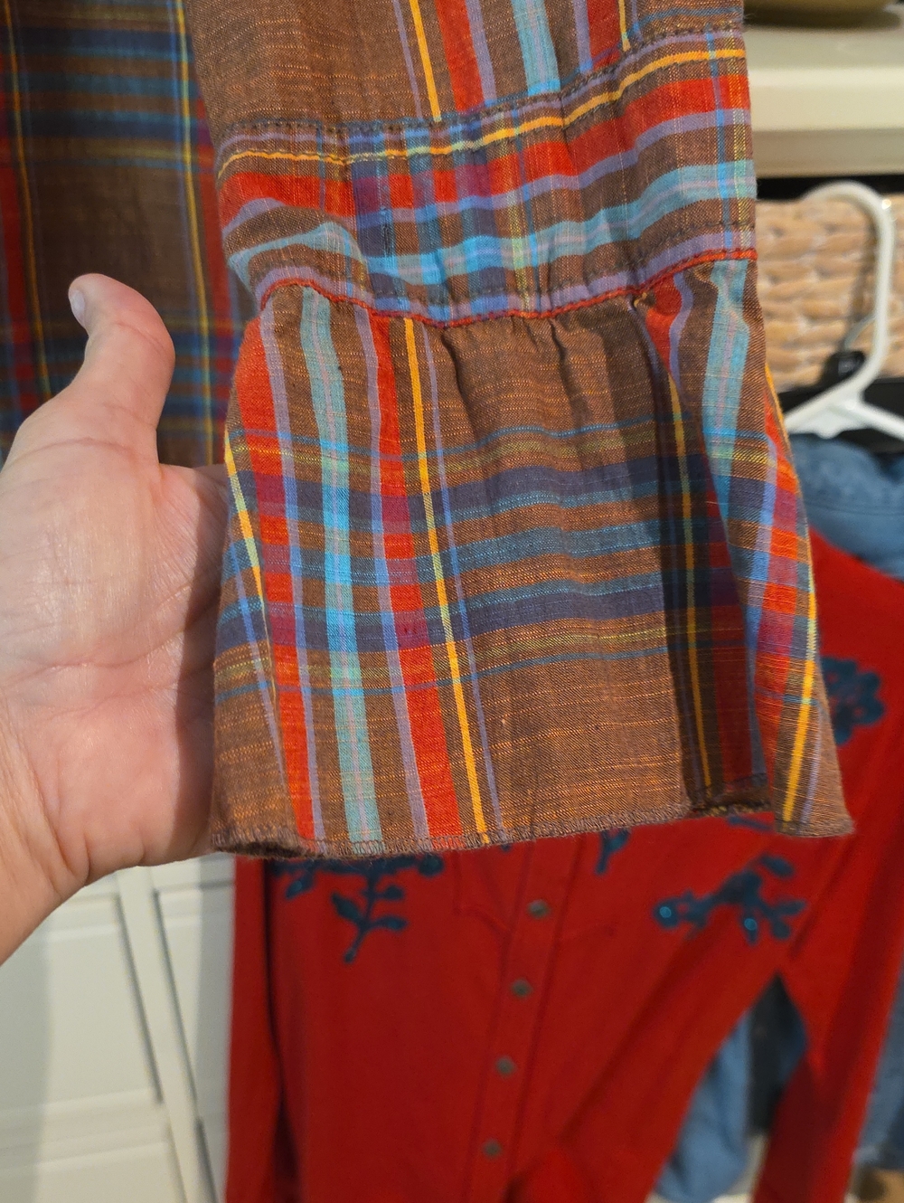 Cino Frayed Ruffle Fringe Plaid Button-Up Shirt Brown Red Blue Large Cotton - Picture 9 of 14